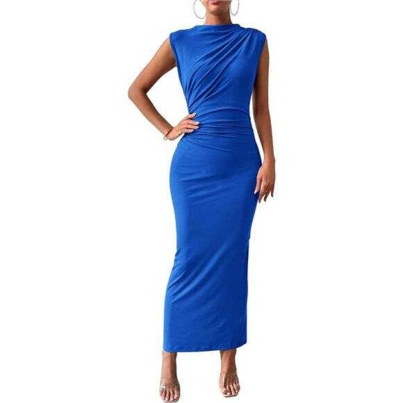 Dresses & Skirts - Women's Ruched Maxi Dress Elegant Blue